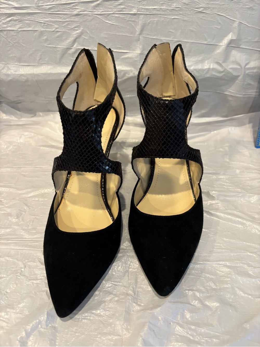 Marc Fisher Black Pointed Suede Cutout Strap Heels